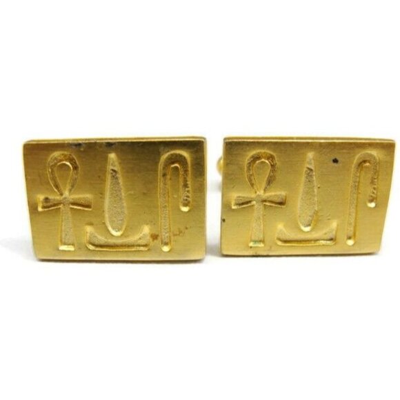 Gold Plated 925 Sterling Silver Egyptian Ankh Cartouche Cuff Link Cufflinks